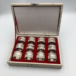 Vintage Set 12 Round Silver Plate Napkin Rings Original Box Art Deco Timeless